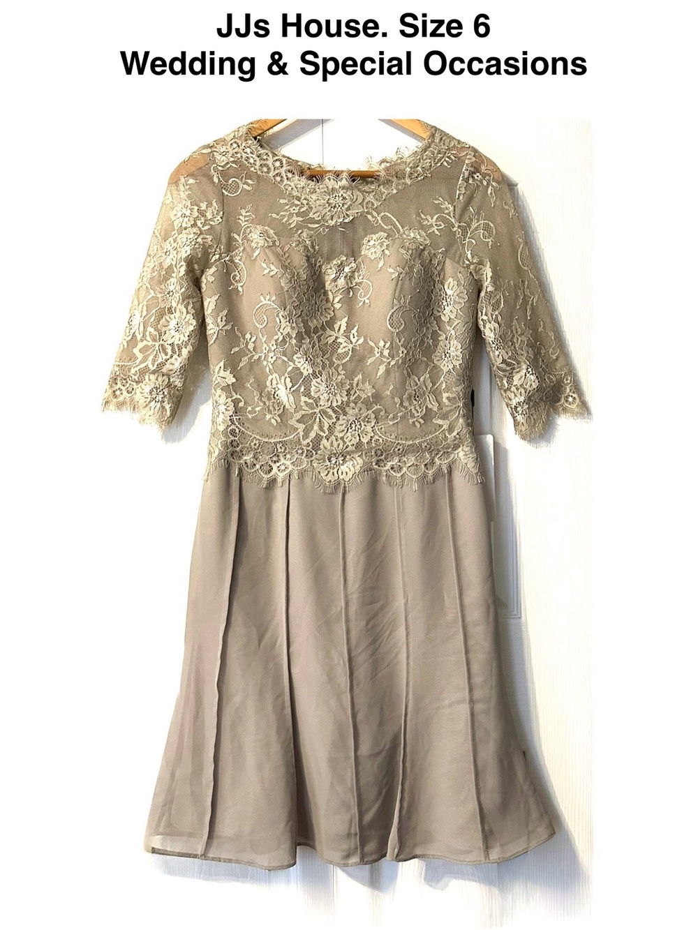 JJs House Taupe Lace Dress 3/4 Sleeves Wedding Special Occasions Knee Length